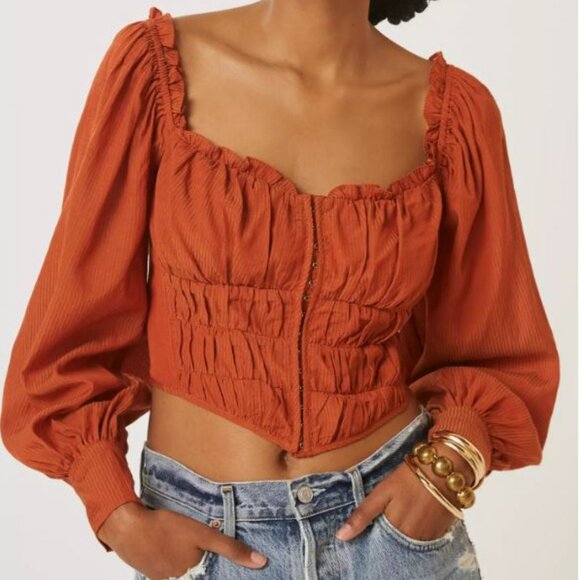 Astr Tops - Astr Amber Sweetheart Neck Smocked Long Sleeve Corset with Puff Sleeves